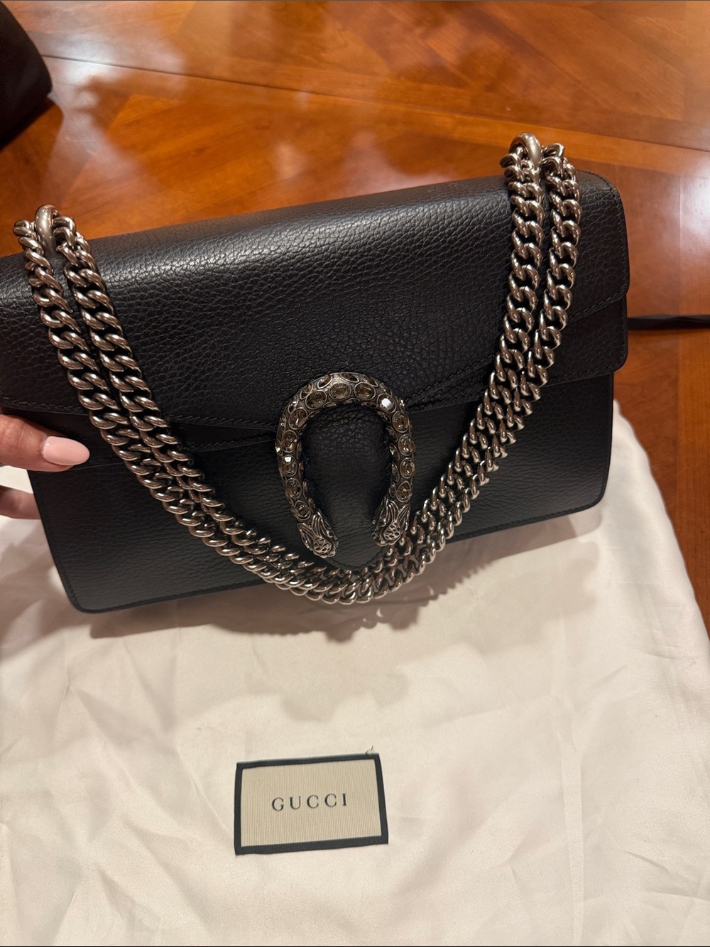 Gucci Black Leather Dionysus Chain Shoulder Bag with Silver Hardware